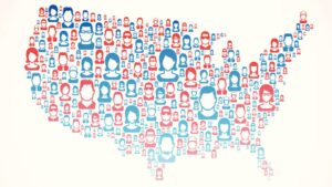 Sovereign wealth fund: Image shows a map of the United States with profiles of people without faces spread out across it
