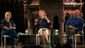 Saving capitalism: Image of Gillian Tett, Ann McElvoy, and Yanis Varoufakis during an Intelligence Squared debate "Can we fix capitalism?".