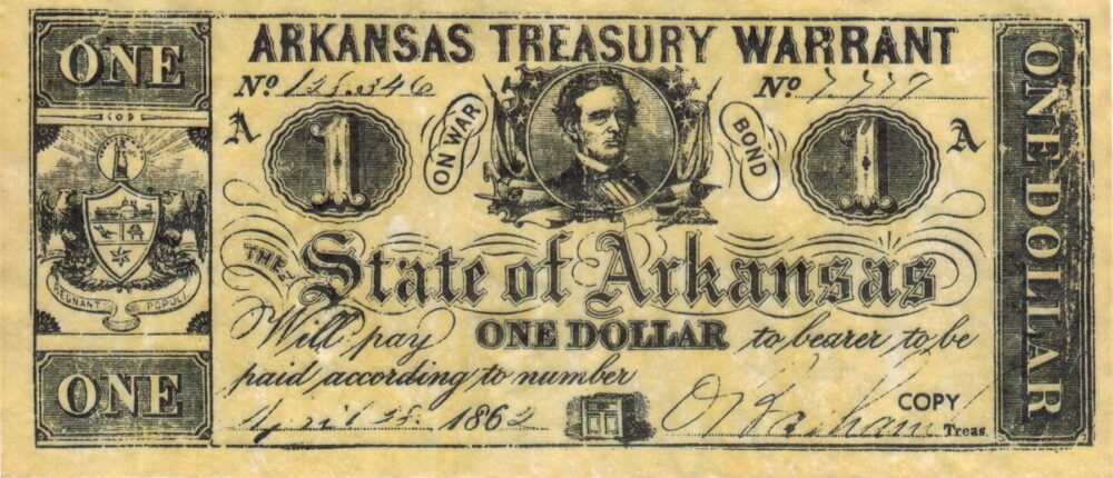 An Arkansas Treasury Warrant from 1862, used by Kevin to illustrate currency issuers