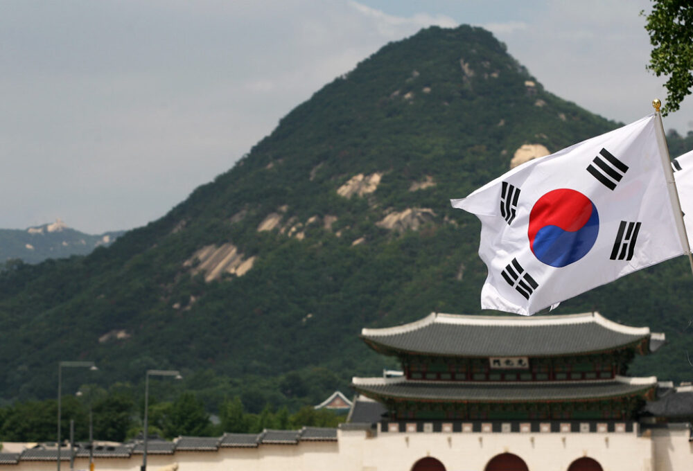 Economic value: Picture of the flag of South (the Republic of) Korea with a building and hill in the background,