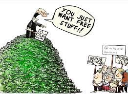Free market? Image shows a man standing on a pile of money yelling at protestors