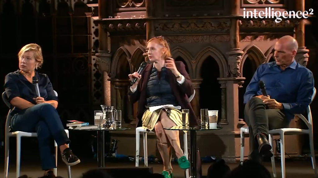 Saving capitalism: Image of Gillian Tett, Ann McElvoy, and Yanis Varoufakis during an Intelligence Squared debate "Can we fix capitalism?".