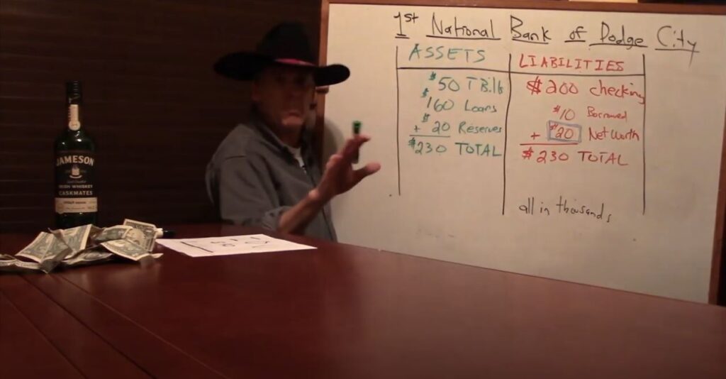 Cowboy Economist: How the private sector finances its deficits Private Sector Finance: An image of the Cowboy Economist at a white board showing a balance sheet for a made up bank