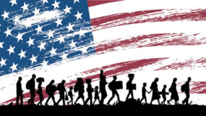 Angrynomics: Image of a line of immigrants with the background of an American flag.