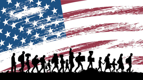 Angrynomics – The summary: Part 7 Angrynomics: Image of a line of immigrants with the background of an American flag.