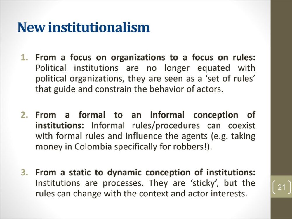 New Institutionalism: What is it? Where did it come from? New institutionalism: A picture of a presentation slide defining some relevant terms
