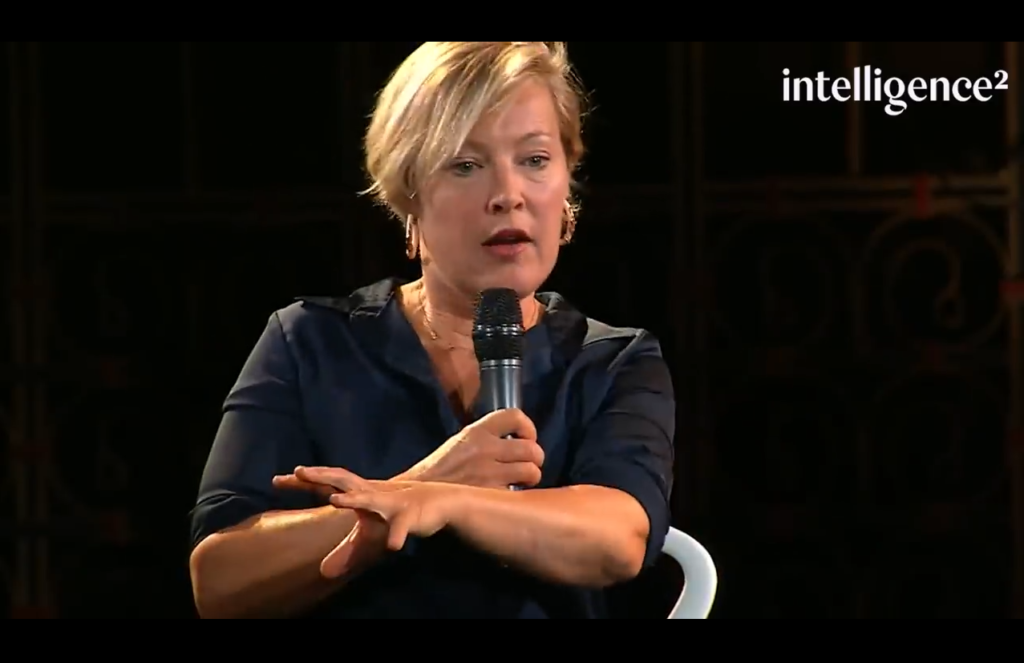 Saving capitalism by making it more inclusive, part 4 Saving capitalism: Image of Gillian Tett during a debate/discussion with Yani Varoufakis about "Can capitalism be fixed"?