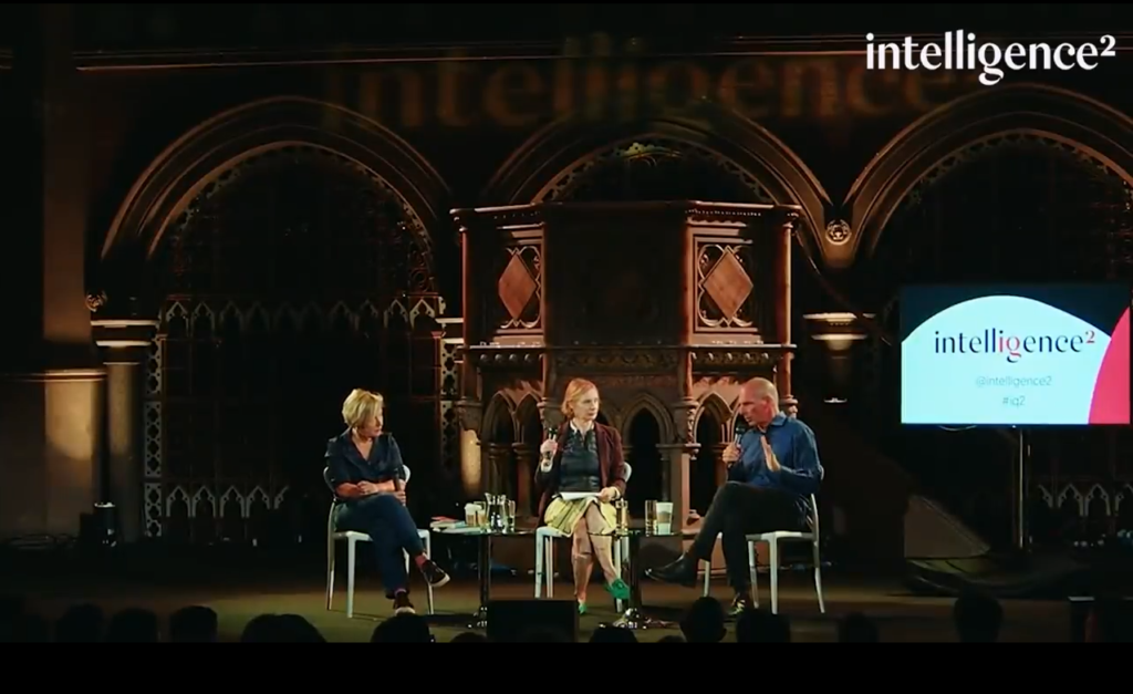 Saving capitalism by making it more inclusive, part 6 Saving capitalism: An image of Gillian Tett, Ann McElvoy, and Yanis Varoufakis on stage for a discussion about fixing capitalism